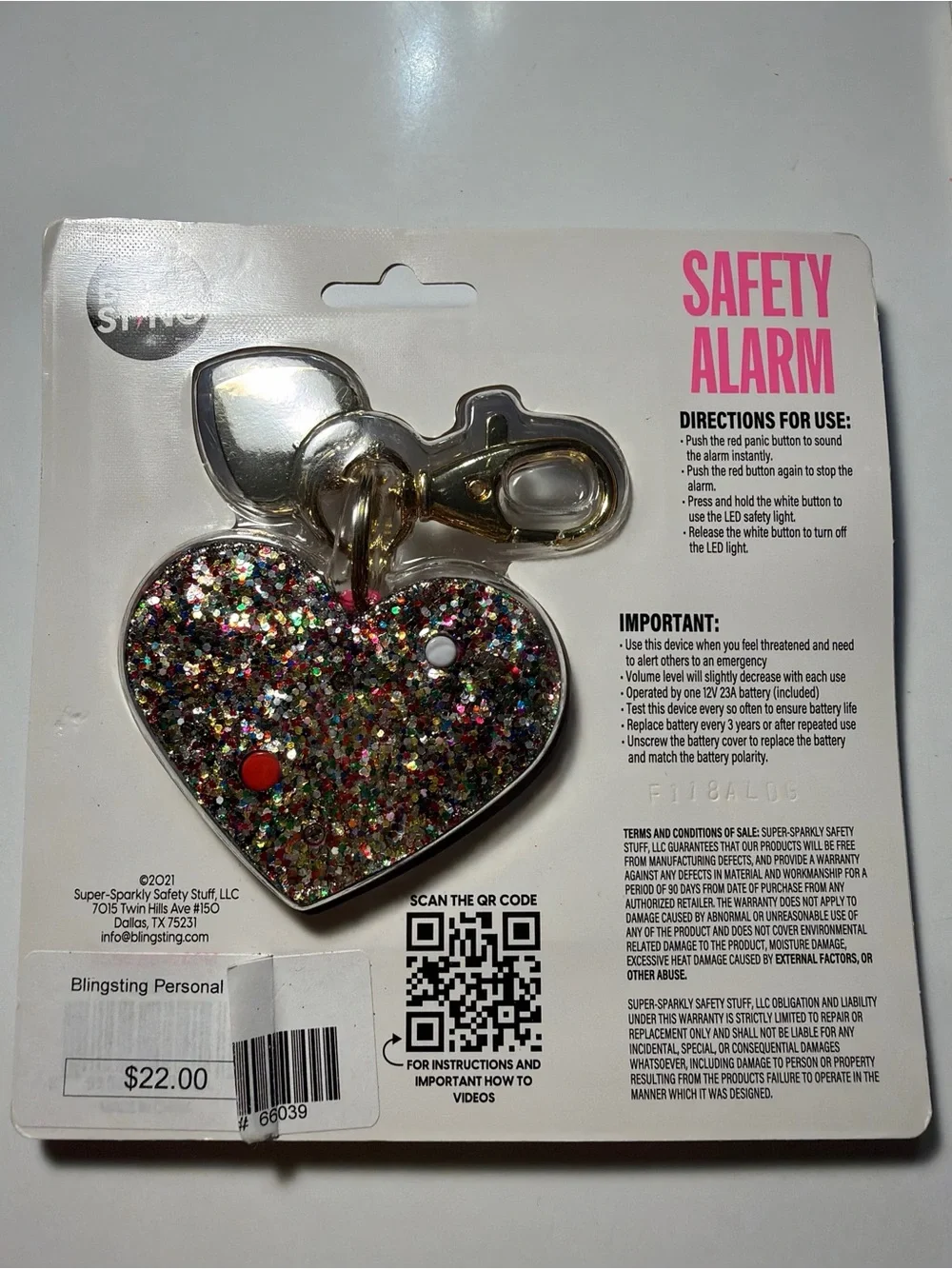 Bling Sting  Multicolor Glitter Heart Keychain Safety Alarm NEW